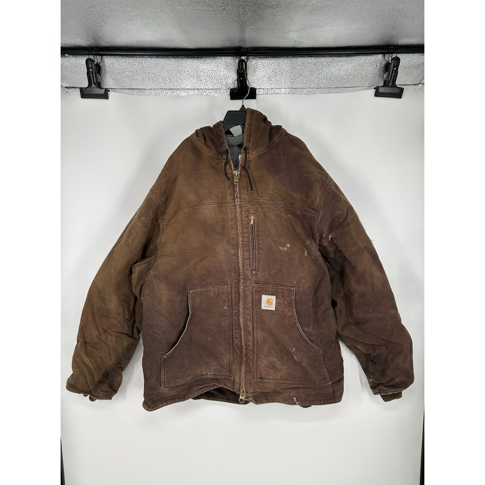 Carhartt Duck Canvas Hooded Fleece Lined Work Jacket Vintage C68‎ DKB Mens 2XL